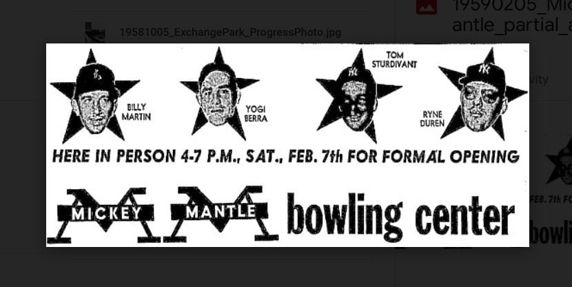 Advertisement in The News for the opeing of the Mickey Mantle Bowling Center.