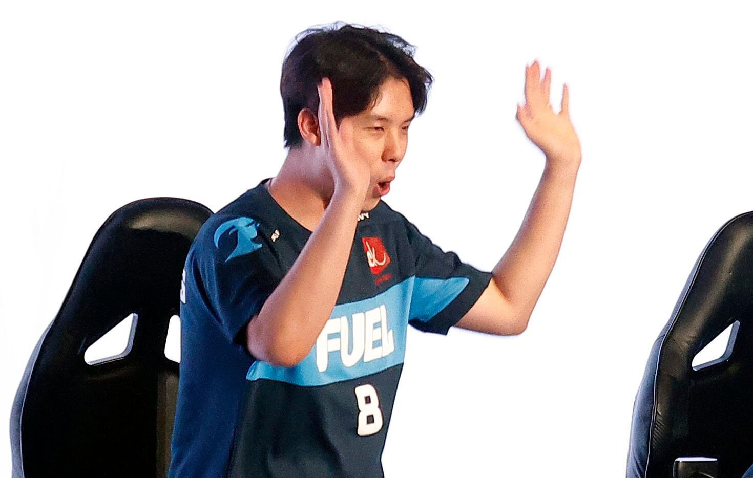 Dallas Fuel player Lee “Fearless” Eui-Seok celebrates after defeating the Houston Outlaws in their Overwatch League game at Esports Stadium Arlington Friday, July 9, 2021. Dallas Fuel defeated Houston in The Battle for Texas, 3-0. It was the first in-person live competition for fans in over a year. Houston competed from their hometown. (Tom Fox/The Dallas Morning News)