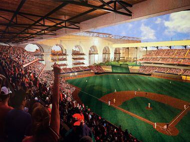 An artist rendering of a new Texas Rangers ballpark. The team announced Thursday that HKS...