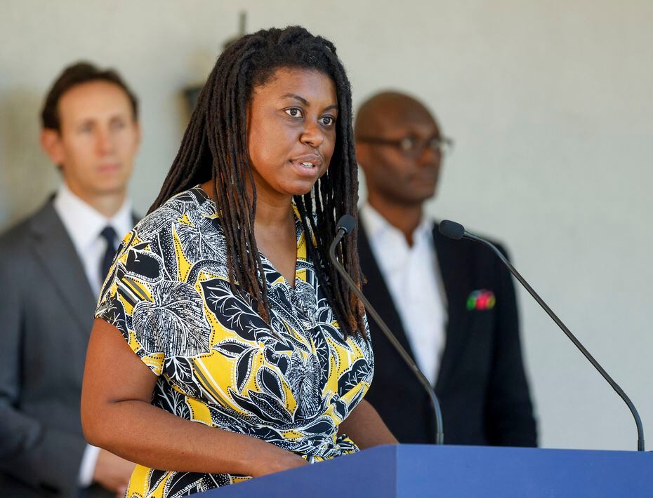 Joli Robinson, CEO of Metro Dallas Homeless Alliance, speaks during a news conference at the...