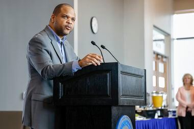 Dallas mayor Eric Johnson speaks during a ceremony to announce a donation for a law...