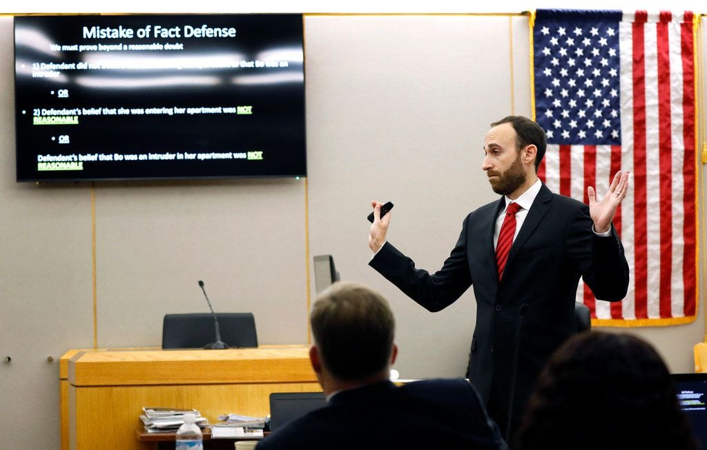 Assistant District Attorney Jason Fine presents his closing arguments in fired Dallas police...
