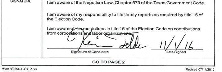 Kevin Felder's signature on Form CTA, "Appointment of A Campaign Treasurer by A Candidate," ...