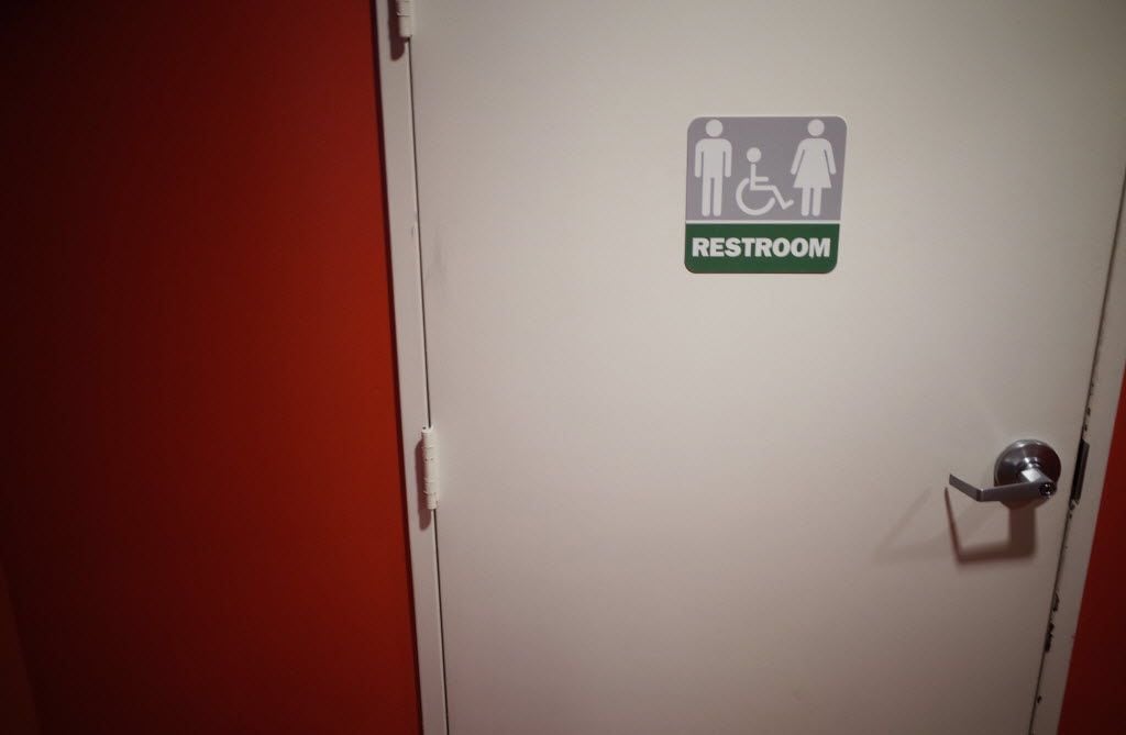 This file photo taken on May 5, 2016 shows a gender neutral bathroom seen in Washington, DC....