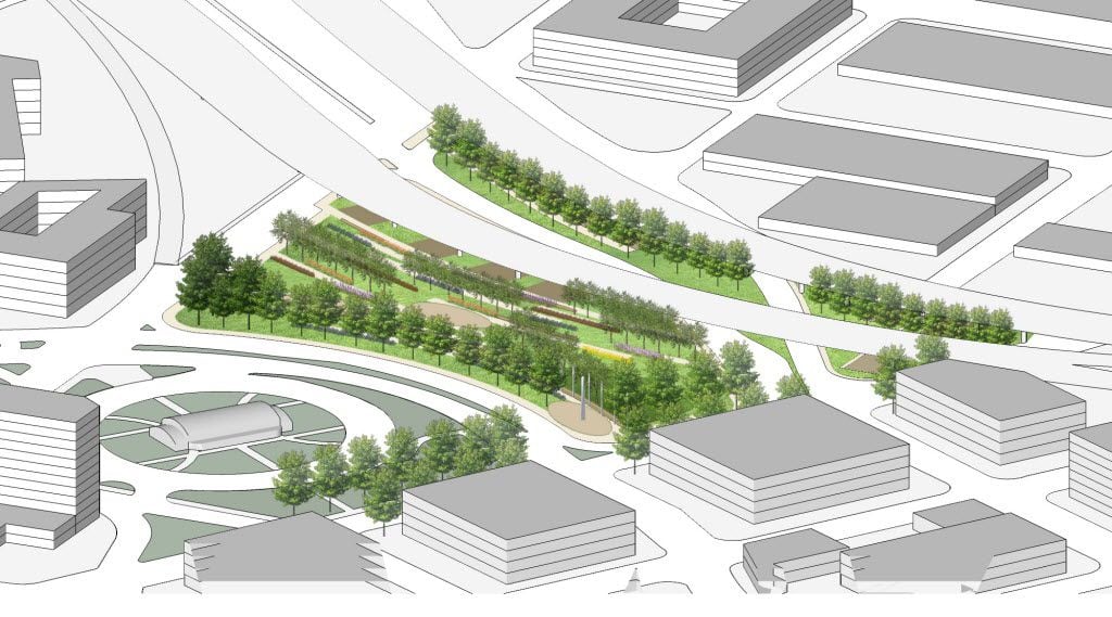 A conceptual rendering showing an aerial view of the location for Carpenter Plaza (including...