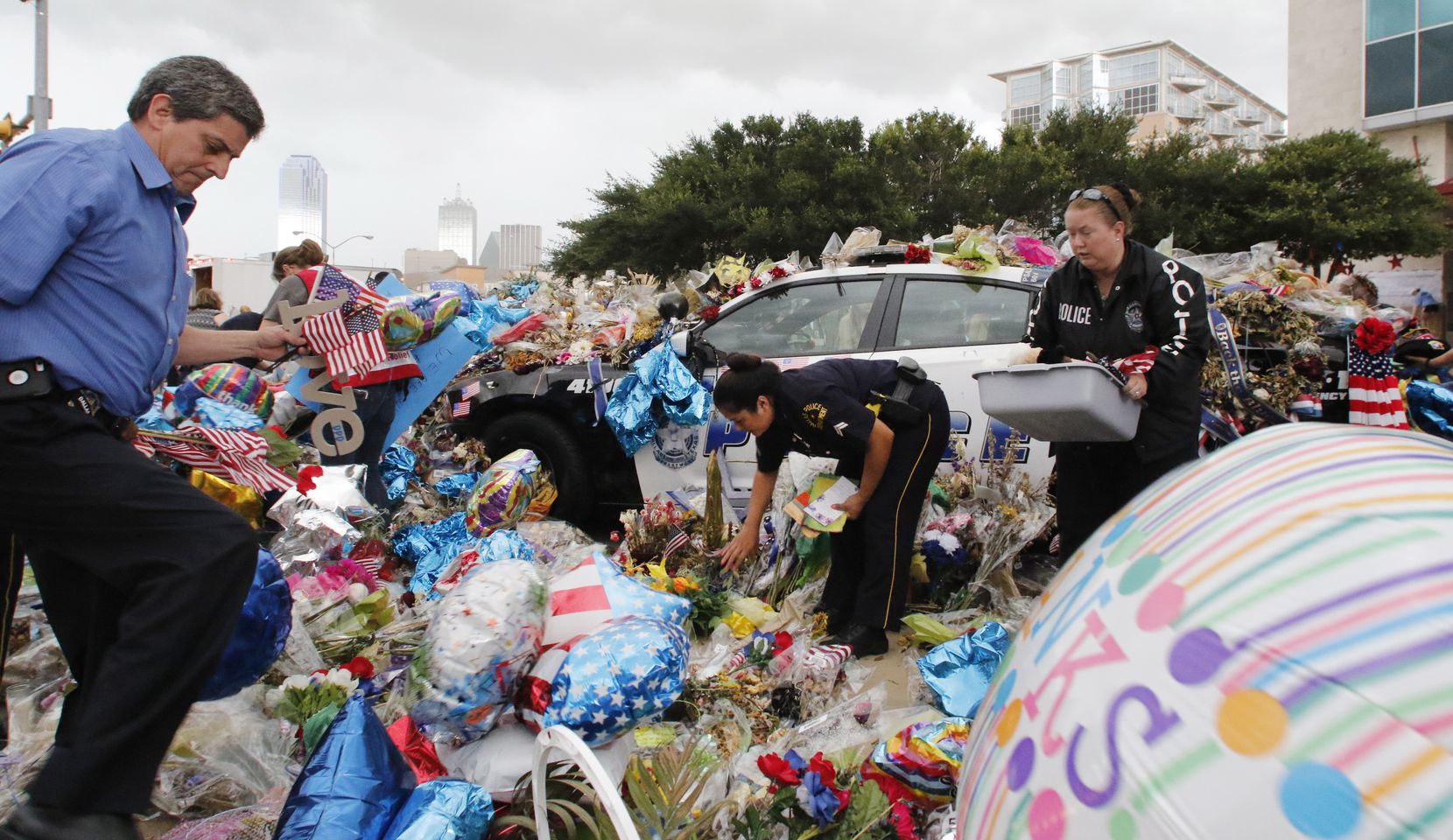 Dallas Police officers and volunteers help pick up items from the memorial at Dallas police...