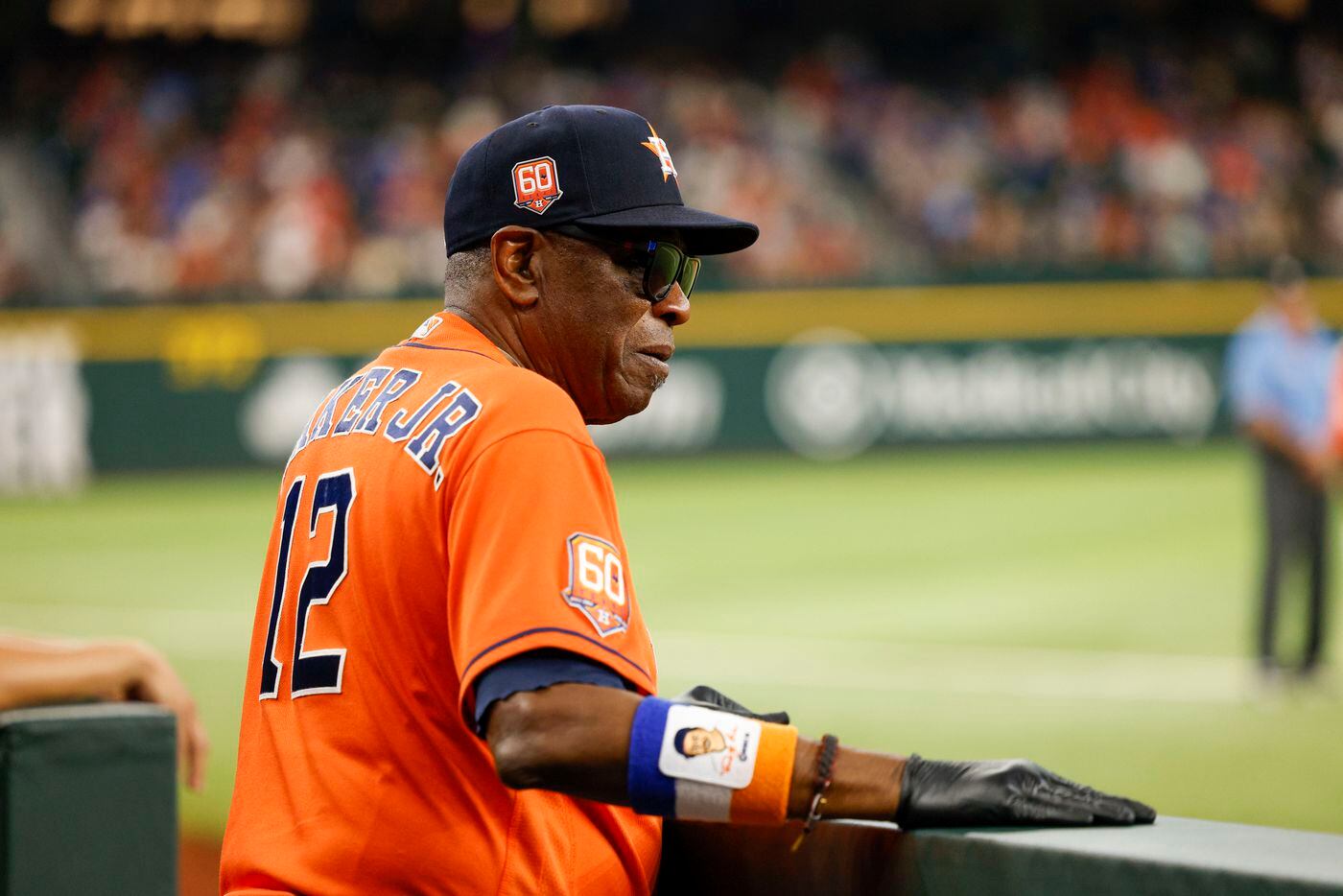 Houston Astros manager Dusty Baker Jr. (12) argues with the home plate umpire during the...