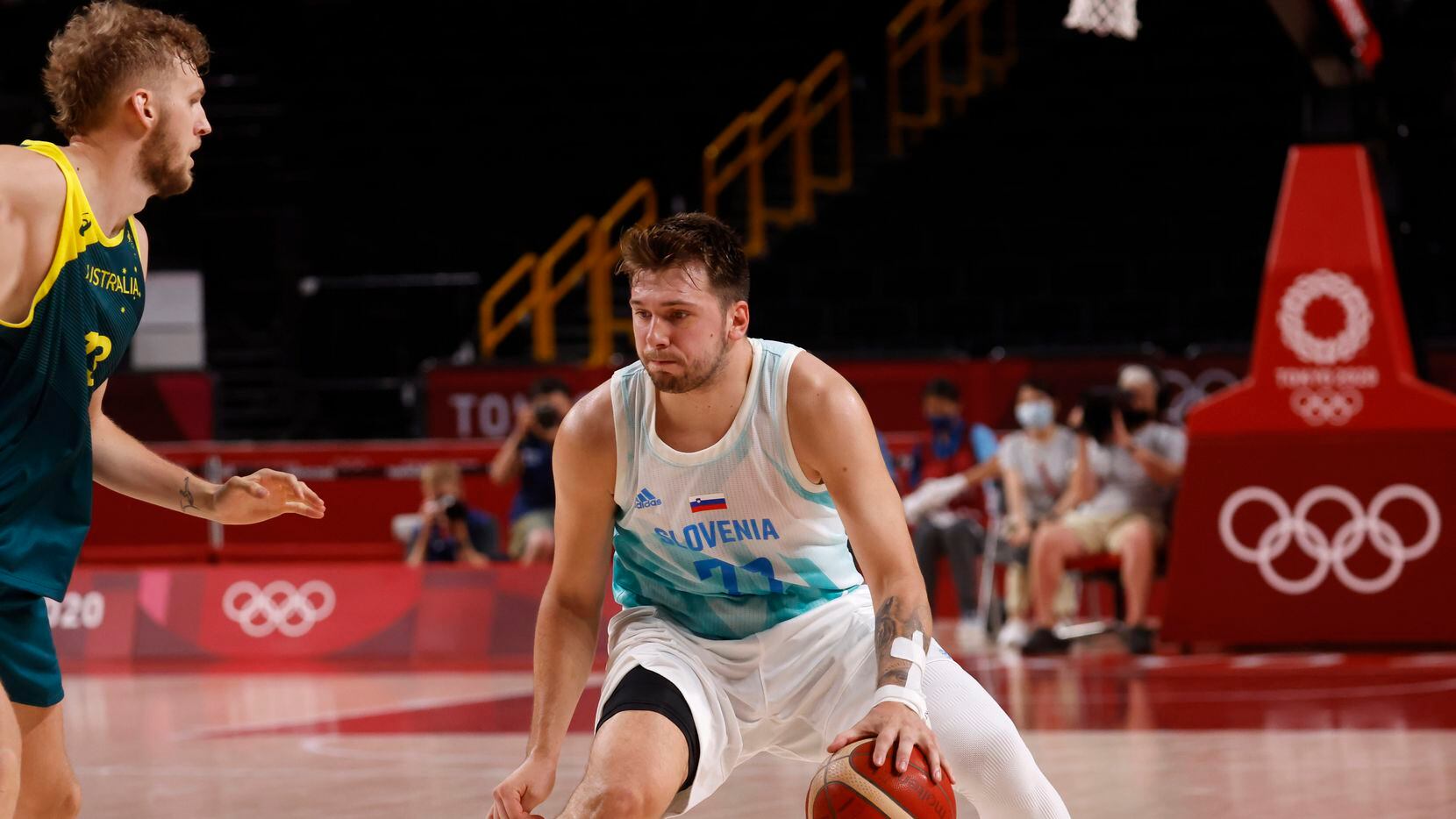 Slovenia’s Luka Doncic (77) dribbles in front of Australia’s Jock Landale (13) during the...