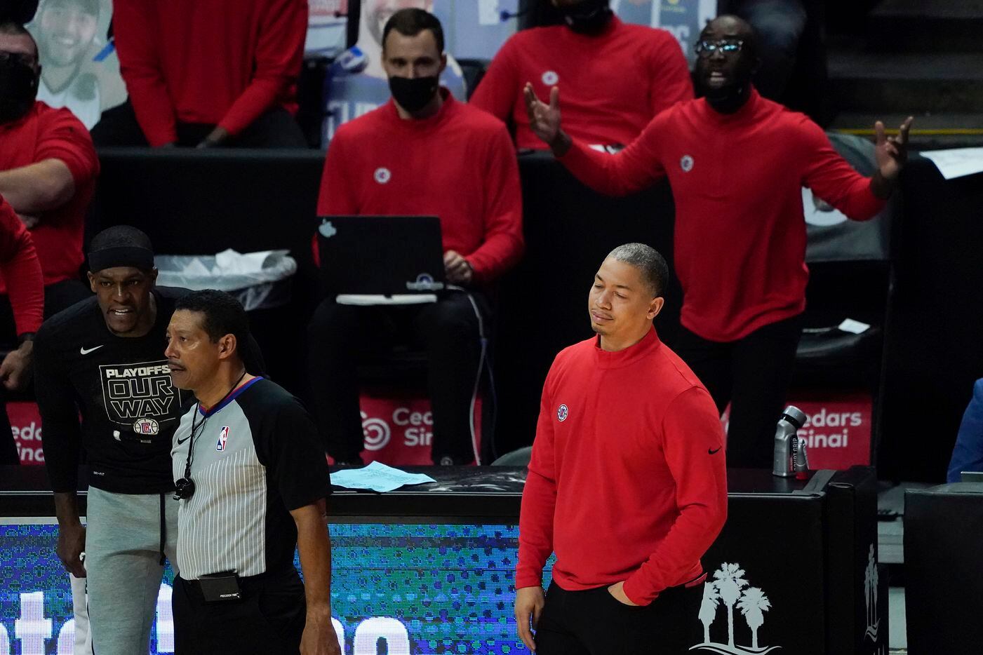 LA Clippers head coach Tyronn Lue reacts a after a foul call against his team during the second half of an NBA playoff basketball game against the Dallas Mavericks at Staples Center on Tuesday, May 25, 2021, in Los Angeles.