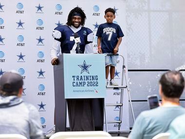 Dallas Cowboys cornerback Trevon Diggs’ son Aaiden Diggs joined his father at the podium for...