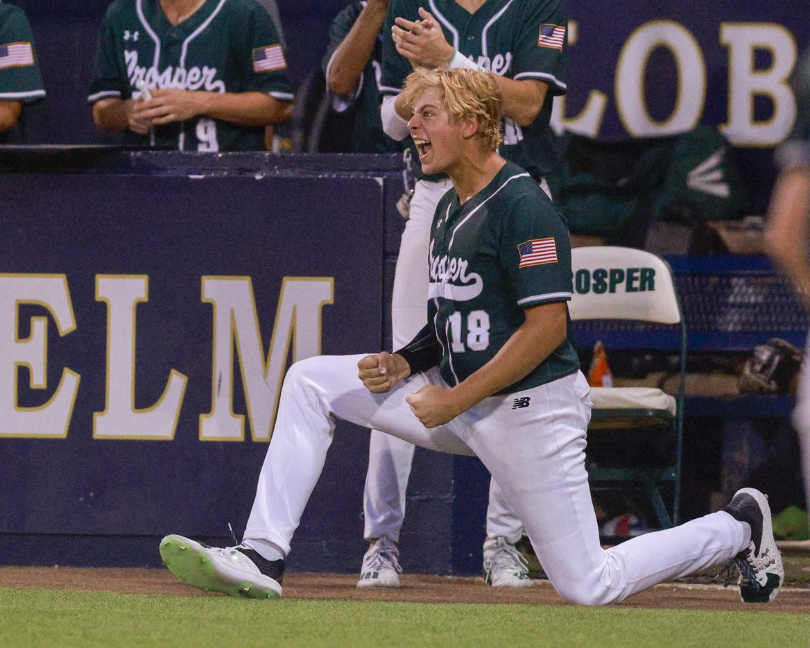 Prosper’s Jason Miller (18) celebrates after the team score a pair of runs against Coppell...