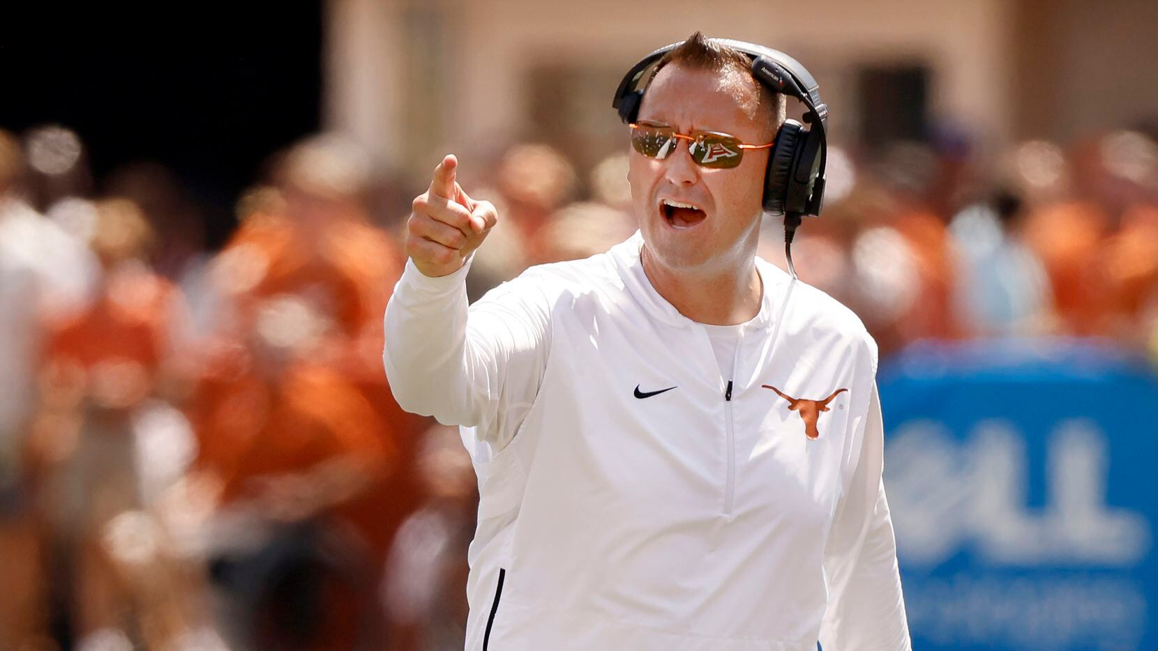 Texas Longhorns head coach Steve Sarkisian yells at his players as they attempt to stop the...