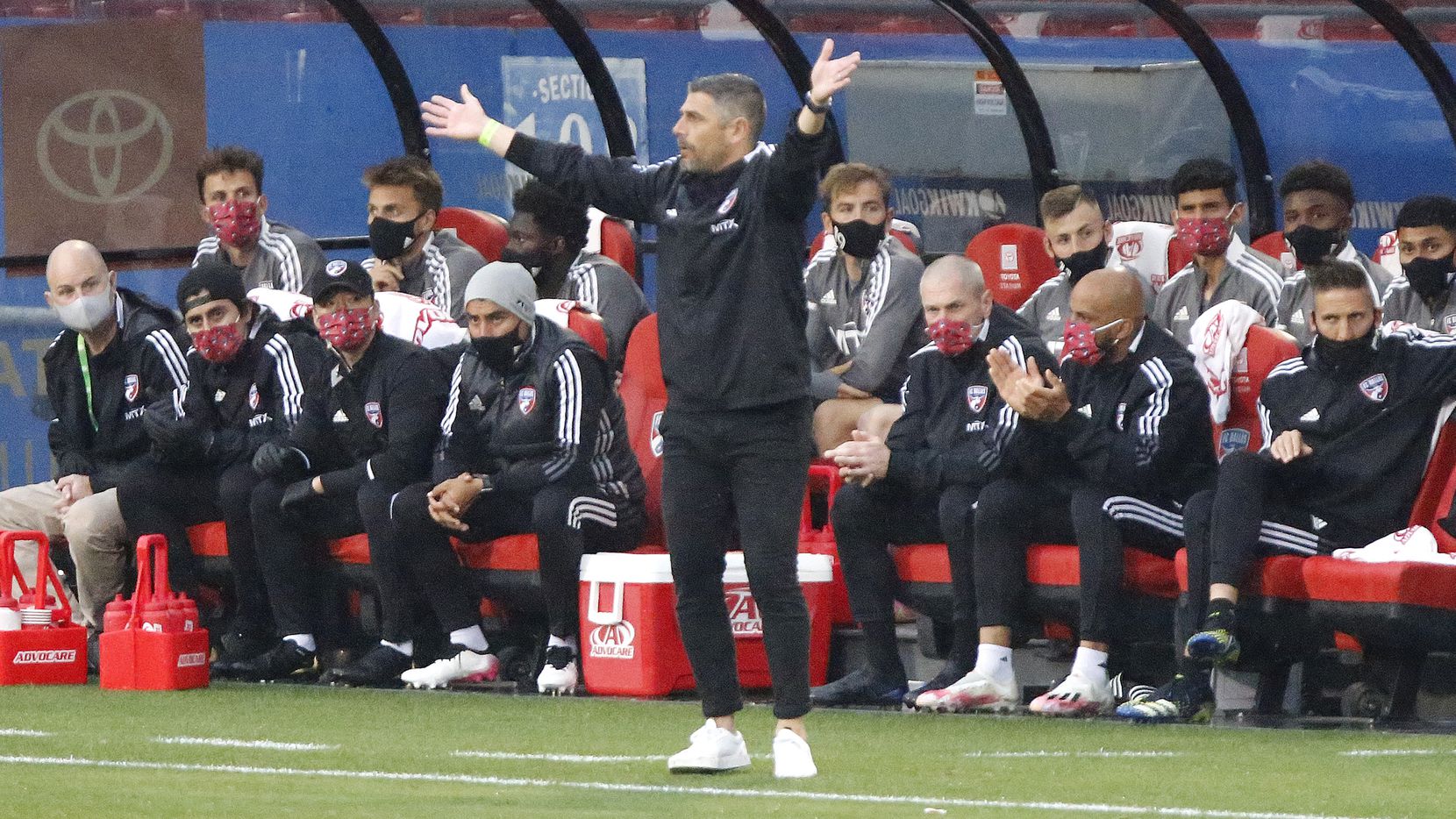 FC Dallas head coach Luchi Gonzalez questions a no call during the first half as FC Dallas hosted Real Salt Lake at Toyota Stadium in Frisco on Saturday, May 22, 2021.
