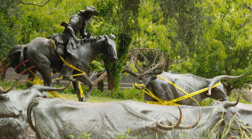 A rider and one of the bronze steers created by Glen Rose artist Robert Summers at Pioneer...