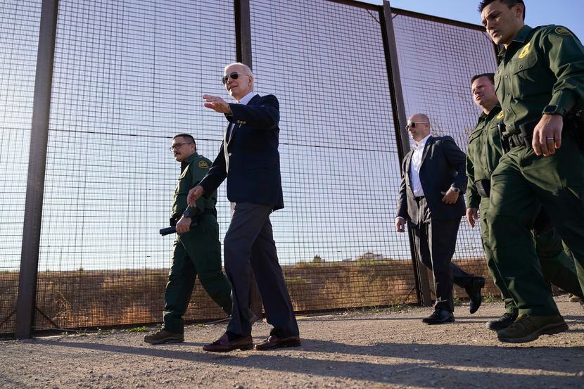 President Joe Biden walks along the U.S.-Mexico border in El Paso on Jan. 8, 2023.