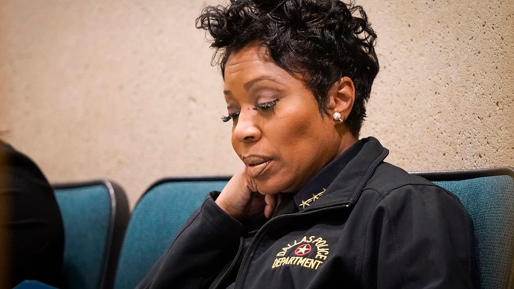 Dallas Police Chief U. Renee Hall listens in during a City Council meeting on Jan. 8, 2020,...