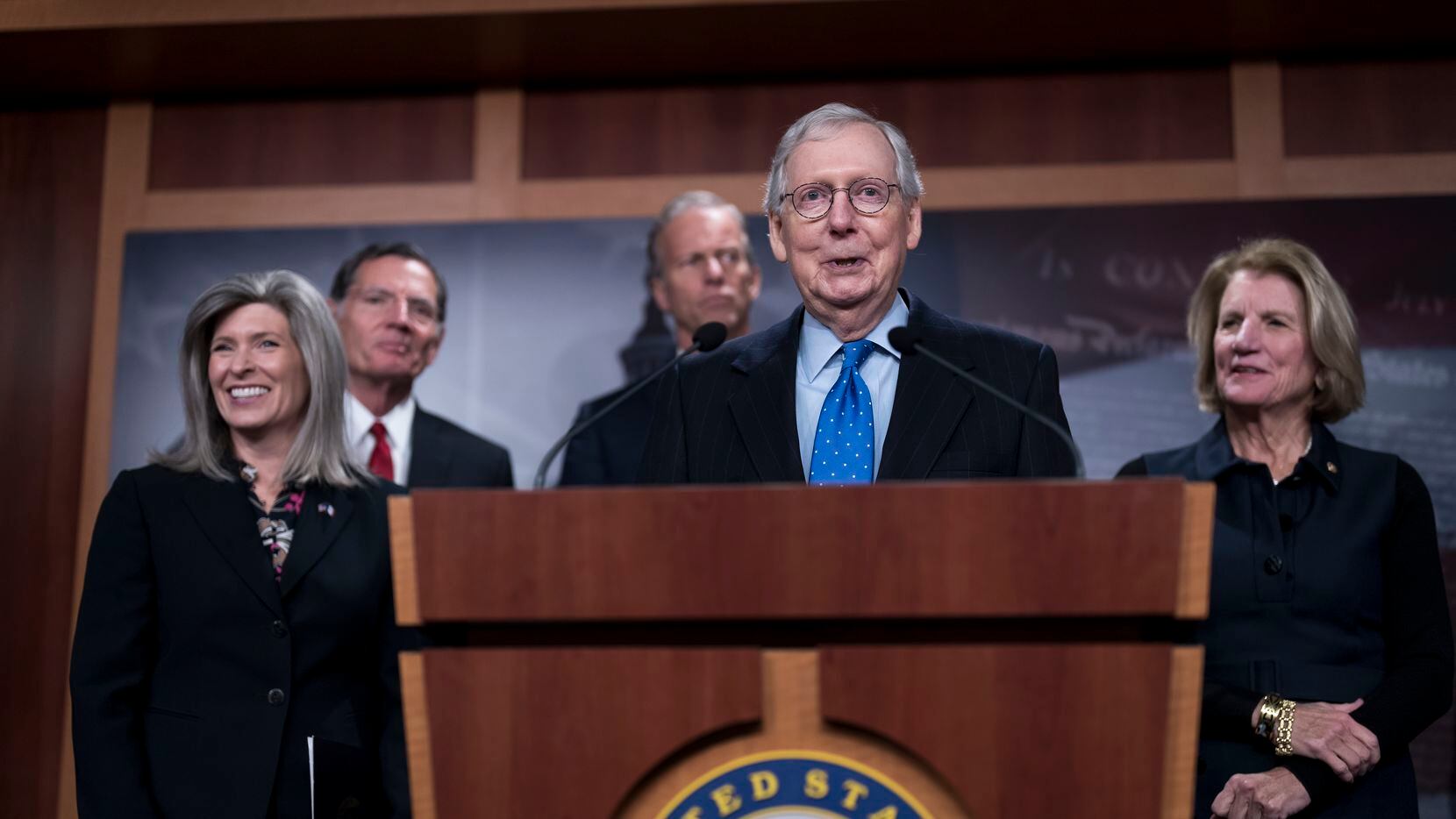 Senate Minority Leader Mitch McConnell, R-Ky., meets with reporters after being re-elected...