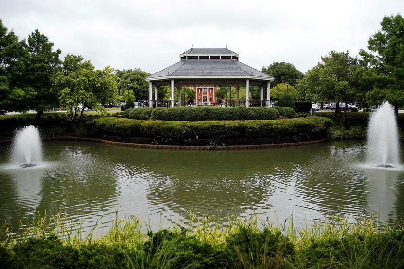 A water feature and gazebo are pictured in Southlake Town Square, a shopping district in...