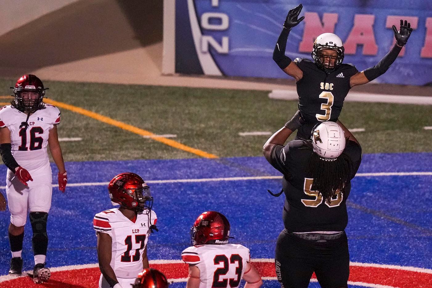 South Oak Cliff wide receiver Kylin Mathis (3) celebrates a touchdown reception with...