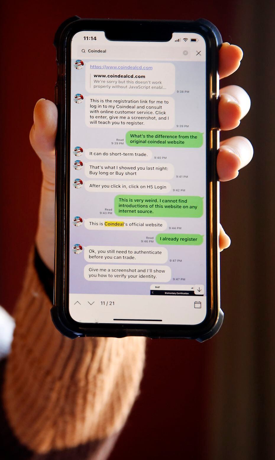 Yik Li shows a screenshot of one of the text conversations she had with a man that led to...