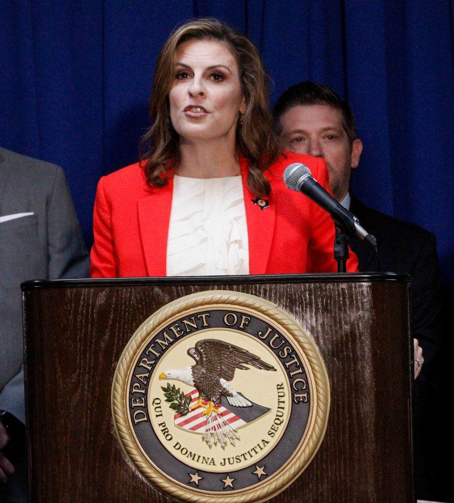 U.S. Attorney Erin Nealy Cox of the Northern District of Texas spoke at a news conference to...