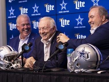 Dallas Cowboys Chief Operating Officer Stephen Jones,  Owner Jerry Jones and Head Coach Mike...