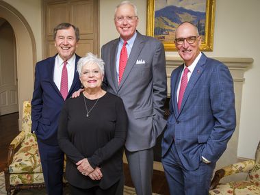 From left: SMU president R. Gerald Turner, Carolyn and David Miller, and Cox School of Business dean Matt Myers are shown on Wednesday. The Millers will announce a $50 million gift to Cox School of Business on Friday.