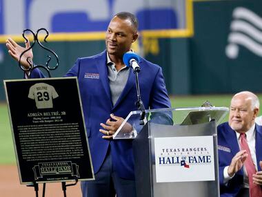 Former Texas Rangers third baseman Adrian Beltre delivers his Texas Rangers Baseball Hall of...