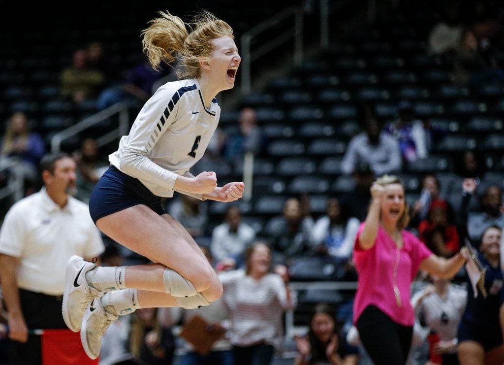 Flower Mound's Kaylee Cox celebrates a point during the 2018 Class 6A state championship...