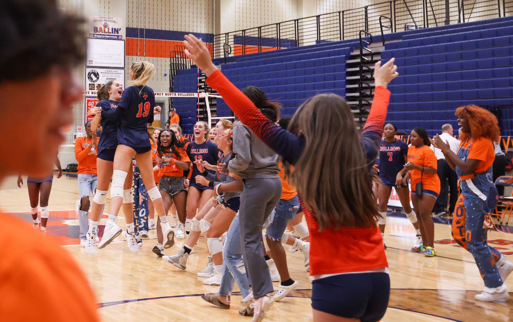McKinney North Natalie Hughes (19) jumps to celebrate the team’s win against Lovejoy at a...