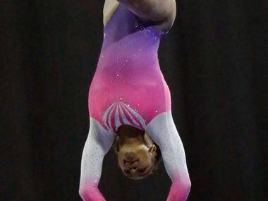 Skye Blakely with WOGA Gymnastics in Plano performs on the balance beam during the USA...
