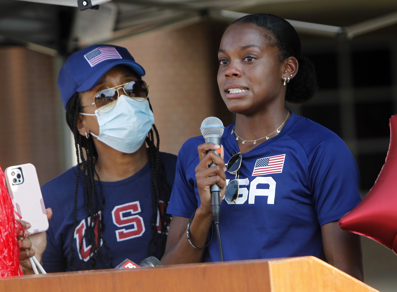 With her mom Trinette at her side, an emotional Jasmine Moore speaks of the opportunity to compete on her sport's biggest stage as she prepares to depart for the upcoming Tokyo Olympics. The Olympic Send-Off for the Mansfield Lake Ridge graduate was held at Danny Jones Middle School in Mansfield on July 21, 2021. (Steve Hamm/ Special Contributor)