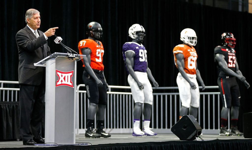 FILE - Commissioner Bob Bowlsby speaks during a press conference at Big 12 Media Day at Ford Center at The Star in Frisco, Texas, Monday, July 16, 2018. (Jae S. Lee/The Dallas Morning News)