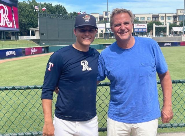 Jack Leiter and father Al Leiter at a Frisco RoughRiders game in 2022 (Courtesy/Leiter family)