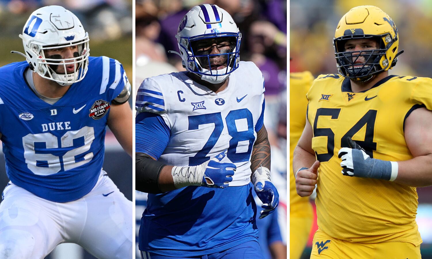 From L to R: Duke's Graham Barton, BYU's Kingsley Suamataia and West Virginia's Zach...