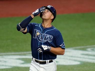 Tampa Bay Rays' Nate Lowe celebrates his solo home run off Boston Red Sox pitcher Domingo Tapia during the sixth inning of a baseball game Friday, Sept. 11, 2020, in St. Petersburg, Fla.