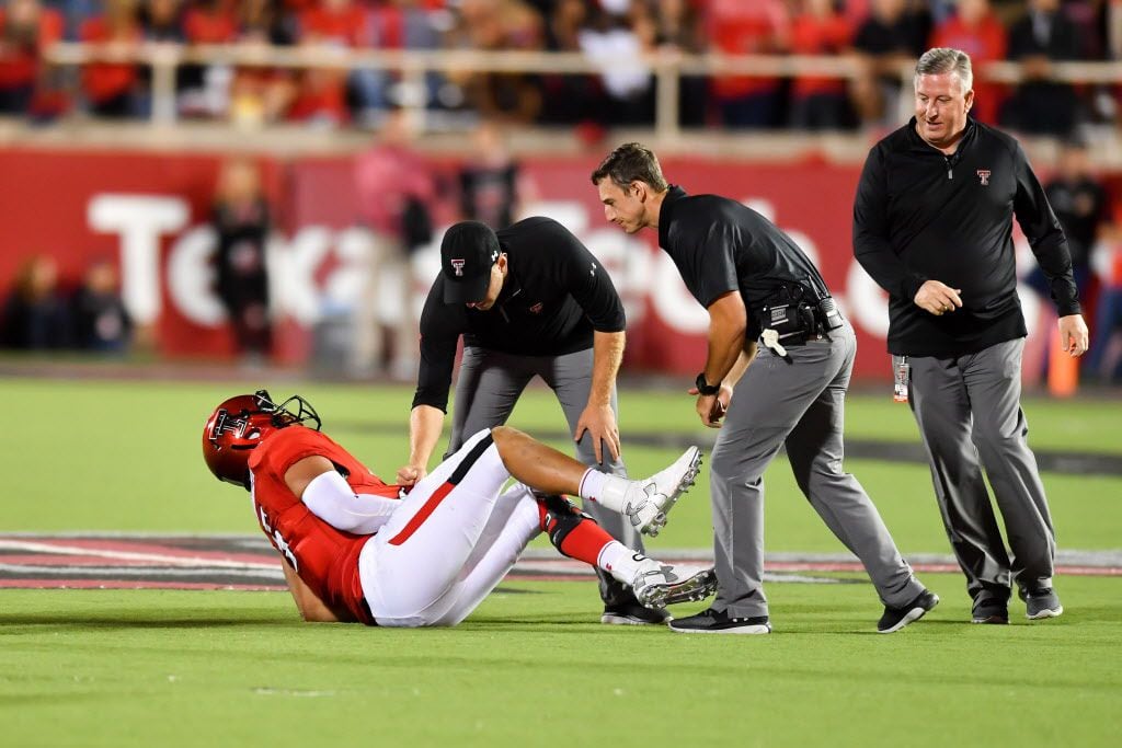 LUBBOCK, TX - SEPTEMBER 29: Patrick Mahomes II #5 of the Texas Tech Red Raiders is injured...