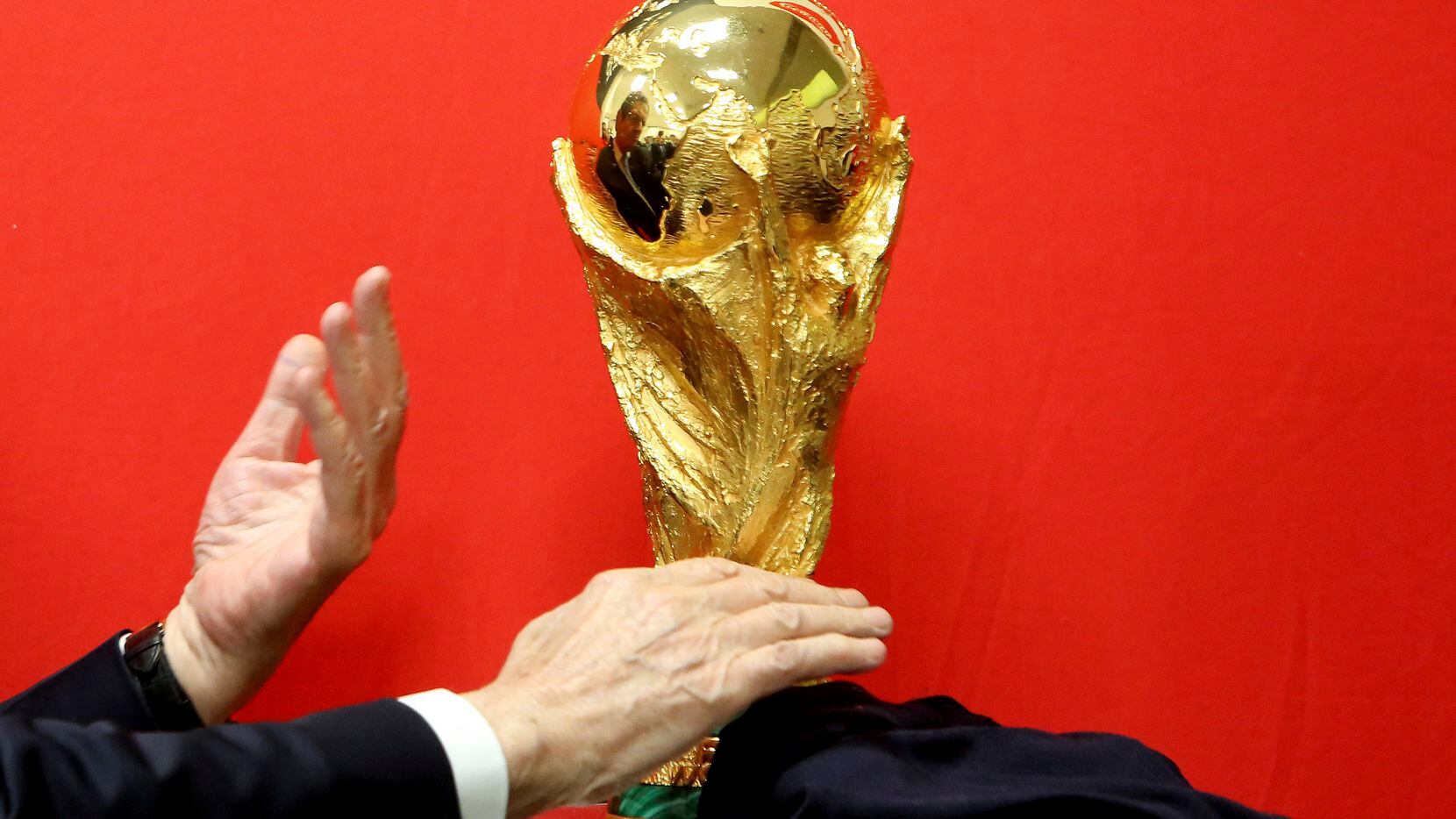 The FIFA World Cup trophy tours Cypress en route to Russia in 2018. (AP Photo/Petros Karadjias)