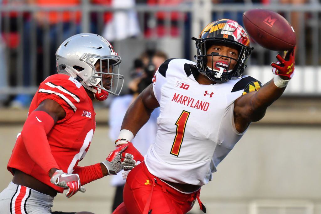 COLUMBUS, OH - OCTOBER 7:  D.J. Moore #1 of the Maryland Terrapins reaches but can't make...