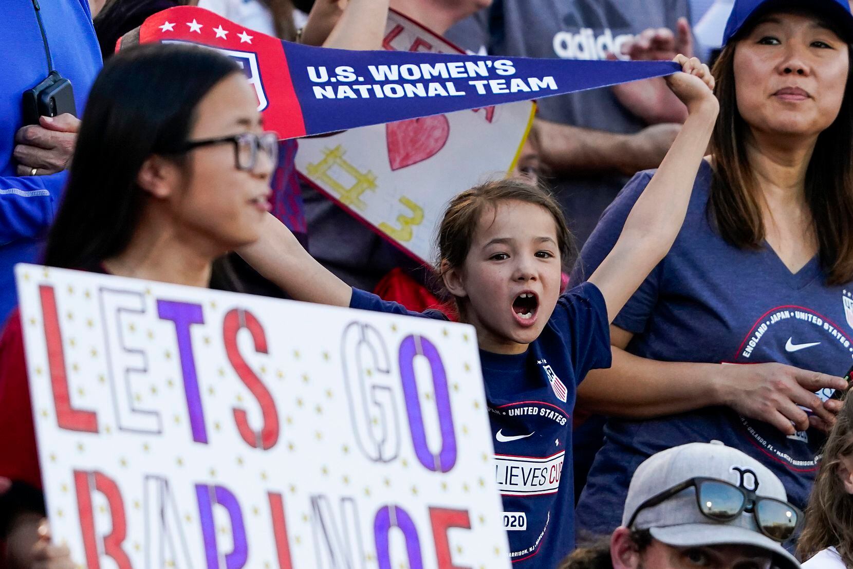 Young fans cheer the USA before a SheBelieves Cup soccer game against Japan on Wednesday,...