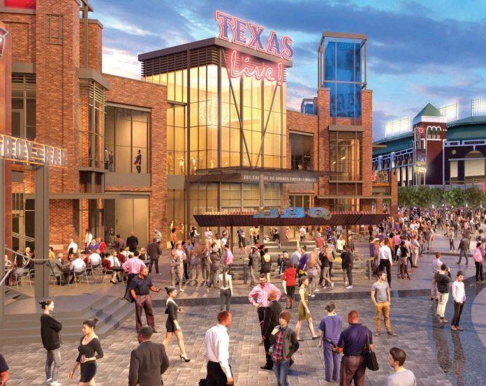 An artist's rendering shows the planned Texas Live! complex adjacent to the old Globe Life...