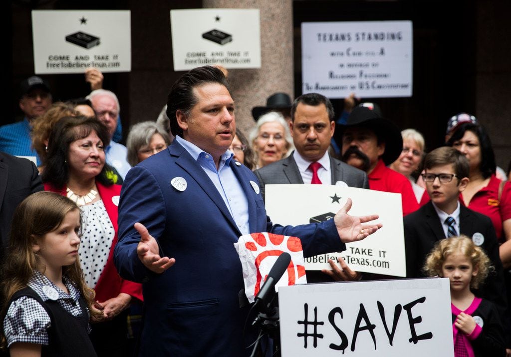 Texas conservative Weston Martinez of San Antonio speaks during a news conference as part of...