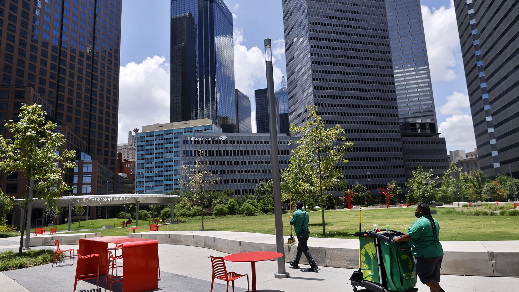 Downtown Dallas Inc. clean team members worked in Pacific Plaza on June 30, 2021.