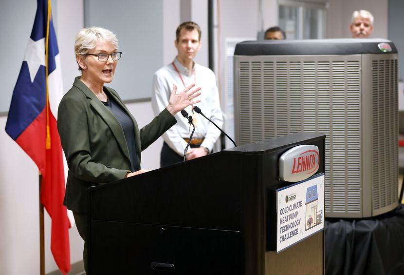 Before a large heat pump, Energy Secretary Jennifer Granholm delivered remarks during a...