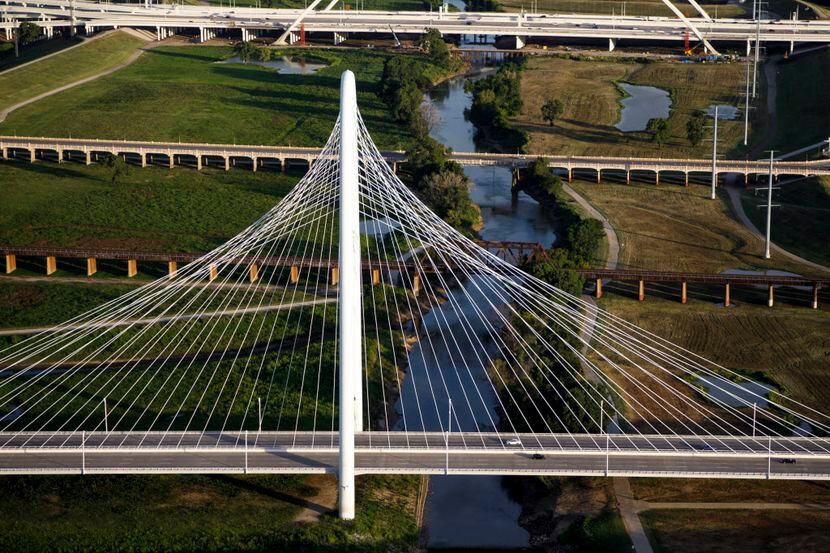 The Margaret McDermott (top) and Margaret Hunt Hill Bridges over the Trinity River in Dallas. 