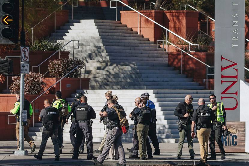 Police work the scene of a shooting on the University of Nevada, Las Vegas, campus on...