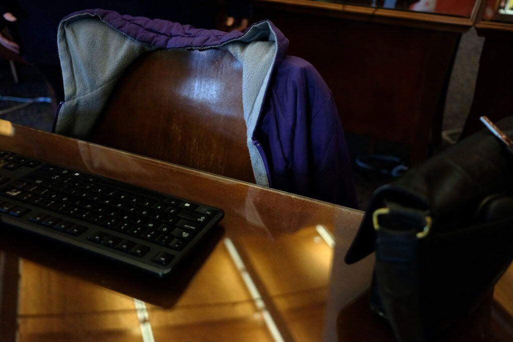 Katherine Rourke's purple coat hangs from a chair at the Frisco Public Library on Tuesday....