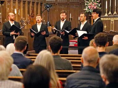 The vocal ensemble Gesualdo Six performs at the Church of the Incarnation in Dallas on November 14, 2021.