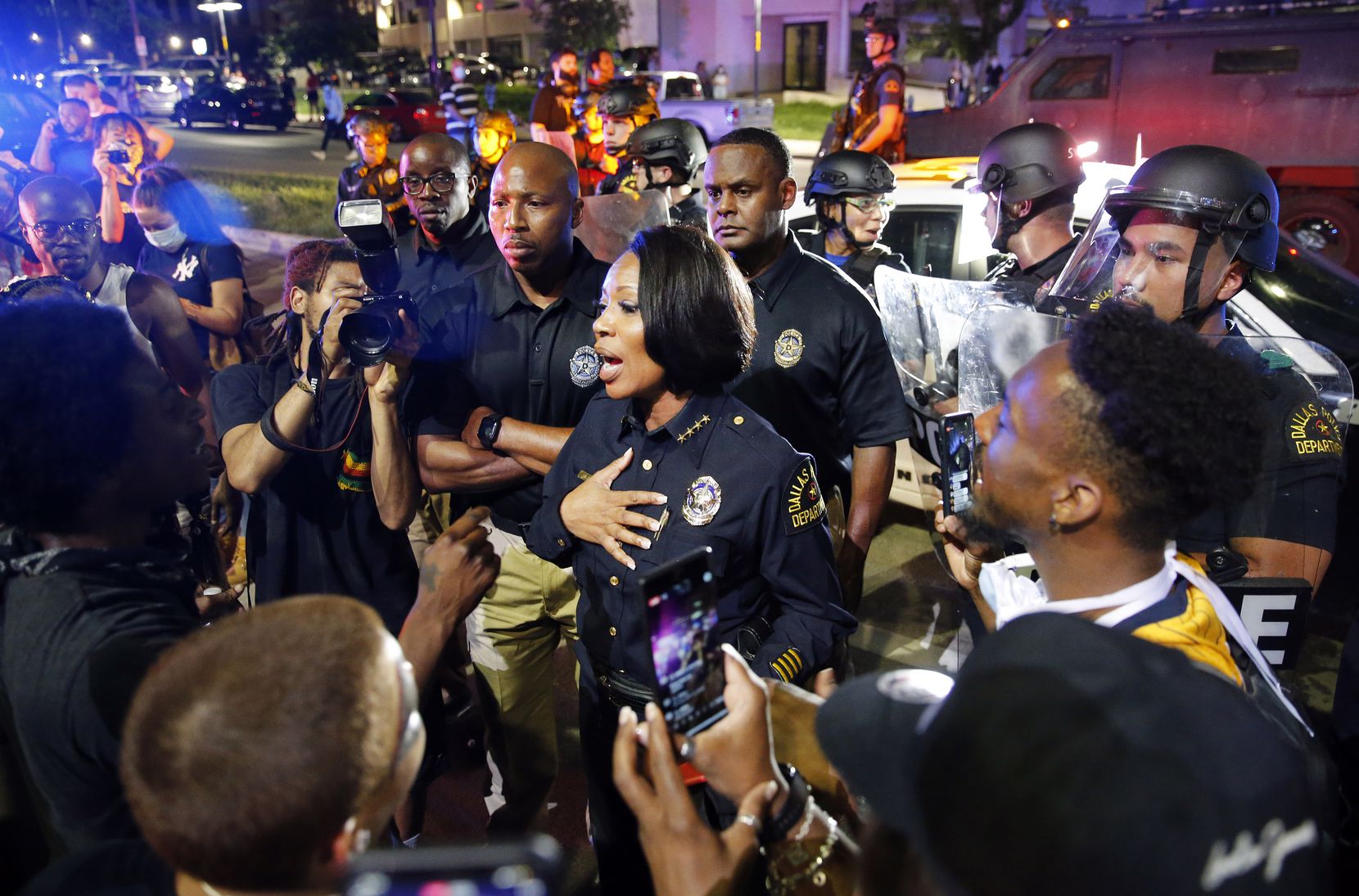 Dallas Police Chief Reneé Hall confronts protestors at Young St. and S. Griffin St. in...