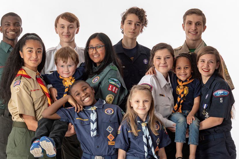A group of young people from the Boy Scouts of America pose together for a group photo.